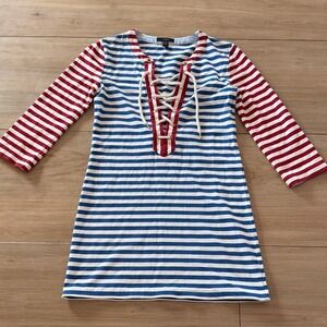 J.Crew Womens Nautical Striped Lace‎ Up Rope Neckline Dress Blue Red XXS
